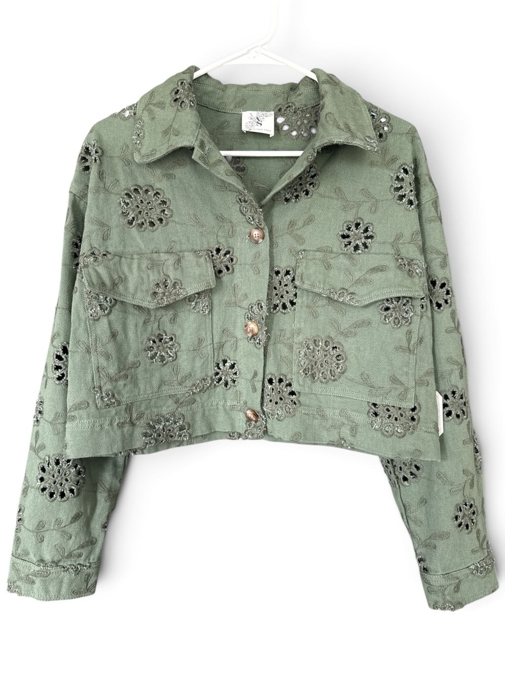NWT Altar'd State Renesme Denim Eyelet Jacket in olive green Small - Picture 3 of 10
